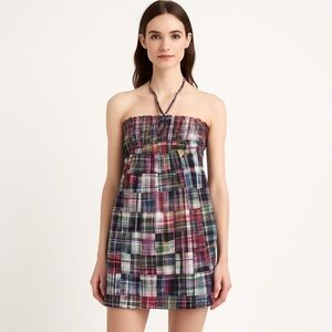 Madras Plaid Patchwork Mini Dress Tie Neck Halter Preppy Y2K *See Measurements